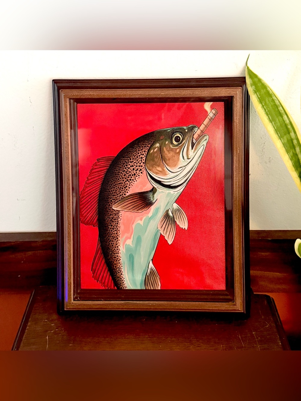 Trout Fish Smoking a Cigarette Vintage Style Canvas Wall Art Print Framed